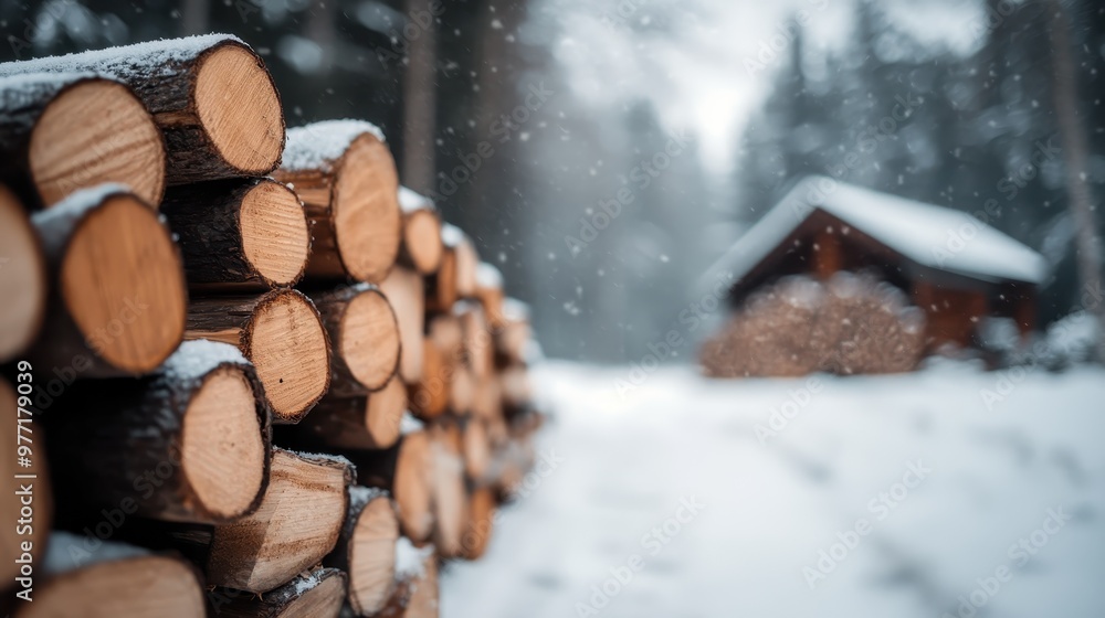 A compelling image of neatly stacked wood logs covered in snow, set against a backdrop of a blurry snowy forest scene with a wooden cabin in the distance. A compelling image of neatly stacked wood logs covered in snow, set against a backdrop of a blurry snowy forest scene with a wooden cabin in the distance.