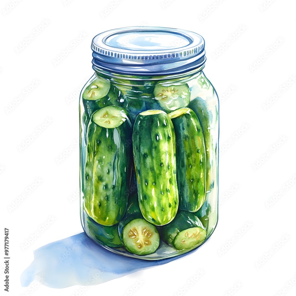 Watercolor Illustration of Pickled Cucumbers in Jar