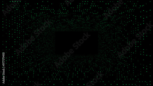 Abstract lighting dots tunnel background with glowing green lights pattern black background technology