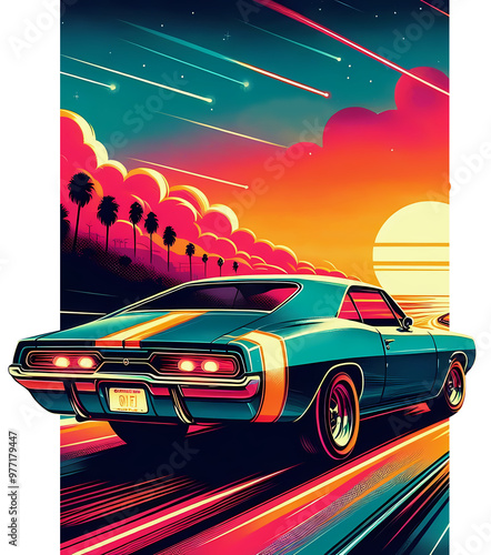 Retro Classic 60s Muscle Car Cruising Down Highway at Sunset Cut Out