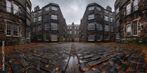 An architectural perspective showcasing three interconnected historical buildings with a cobblestone courtyard, blanketed in fall leaves, under an overcast sky