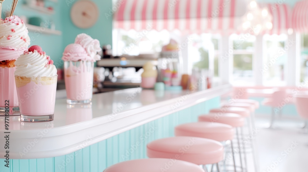 This pastel pink and blue retro ice cream parlor features a stylish bar counter with a variety of sweet treats on display, creating a delightful and nostalgic atmosphere.
