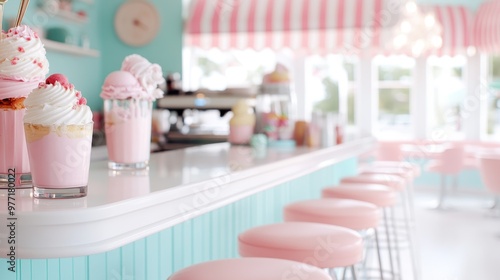 Obraz na płótnie This pastel pink and blue retro ice cream parlor features a stylish bar counter with a variety of sweet treats on display, creating a delightful and nostalgic atmosphere. w salonie