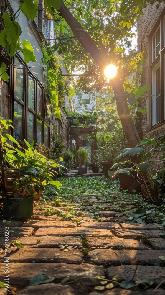 An enchanting garden pathway, bathed in golden sunlight, creating a serene and inviting atmosphere surrounded by lush greenery and charming architecture An enchanting garden pathway, bathed in golden sunlight, creating a serene and inviting atmosphere surrounded by lush greenery and charming architecture