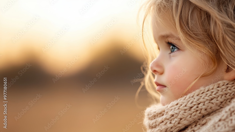 A child wrapped in a cozy knitted scarf, with the soft focus on the scarf and the warm colors of a sunset view in the background, creating a serene and peaceful scene. A child wrapped in a cozy knitted scarf, with the soft focus on the scarf and the warm colors of a sunset view in the background, creating a serene and peaceful scene.