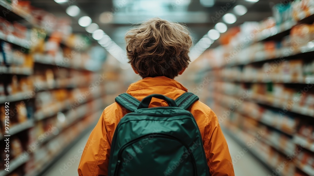 A young kid with a teal backpack and orange jacket is seen standing in the center of a grocery store aisle, with shelves of various products surrounding him. A young kid with a teal backpack and orange jacket is seen standing in the center of a grocery store aisle, with shelves of various products surrounding him.