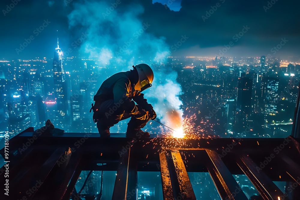 Construction Worker Welding at Night on Rooftop with City Lights Construction Worker Welding at Night on Rooftop with City Lights