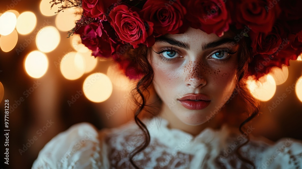A portrait of a young freckled woman adorned with vibrant red roses, illuminated by soft bokeh lights in the background, offers a captivating and artistic expression. A portrait of a young freckled woman adorned with vibrant red roses, illuminated by soft bokeh lights in the background, offers a captivating and artistic expression.