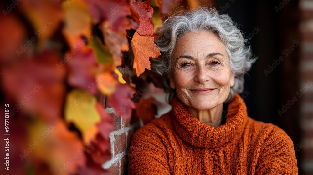 A woman with short gray hair, delightfully smiling, stands against a backdrop of vibrant autumn leaves, wearing a knitted orange sweater, emanating warmth. A woman with short gray hair, delightfully smiling, stands against a backdrop of vibrant autumn leaves, wearing a knitted orange sweater, emanating warmth.