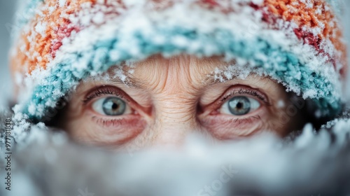 An image depicting a snowy winter scene with vivid colors, featuring a centralized blurred subject amidst a backdrop of snow-covered elements, signaling cold and serenity. photo