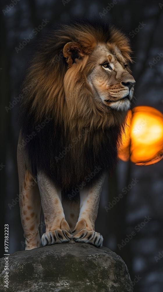 Fototapeta premium A majestic male lion stands tall on a rock, his golden mane flowing in the wind, as the sun sets behind him, casting an orange glow.
