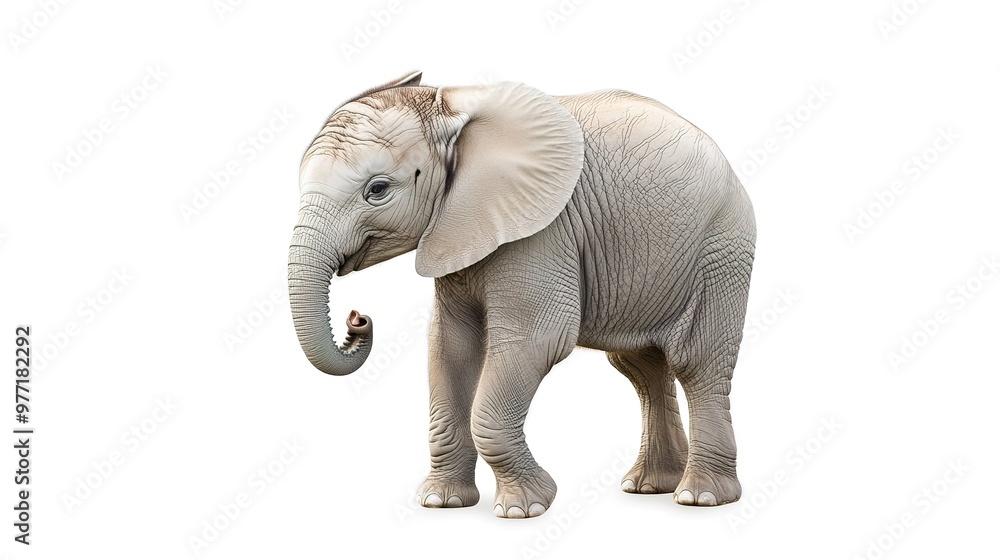 Obraz premium An adorable illustration of a cute elephant on a white background, capturing its playful demeanor and gentle features, perfect for children's decor, educational materials, or whimsical art.