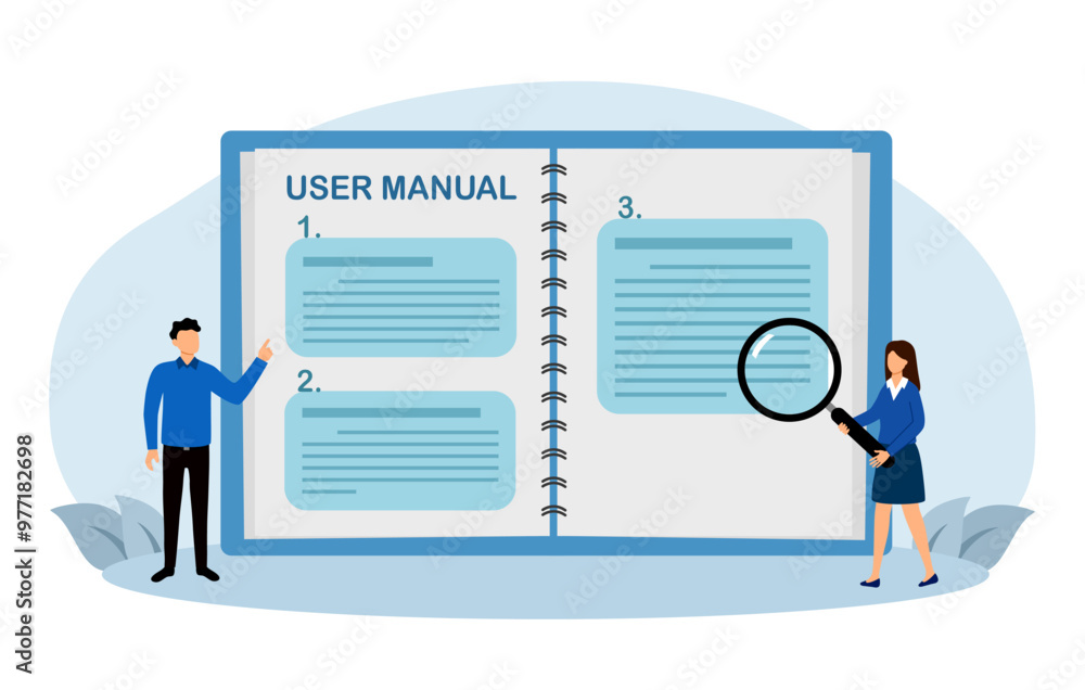 Employee with user guide manual or handbook in flat design vector illustration. Employee with user guide manual or handbook in flat design vector illustration.