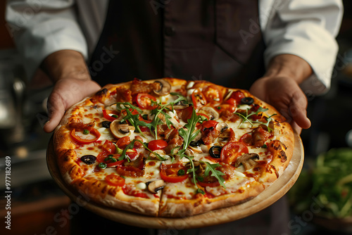 Chef's hands offering delicious pizza.