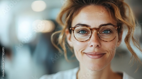 A cheerful young woman in stylish glasses smiles warmly at the camera with her hair styled loosely, set against a softly blurred indoor background of warm tones.