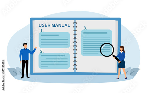 Employee with user guide manual or handbook in flat design vector illustration.