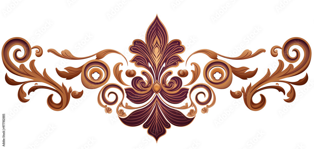 Ornate decorative element featuring intricate swirls and floral patterns in rich hues of brown and purple, ideal for vintage designs.
