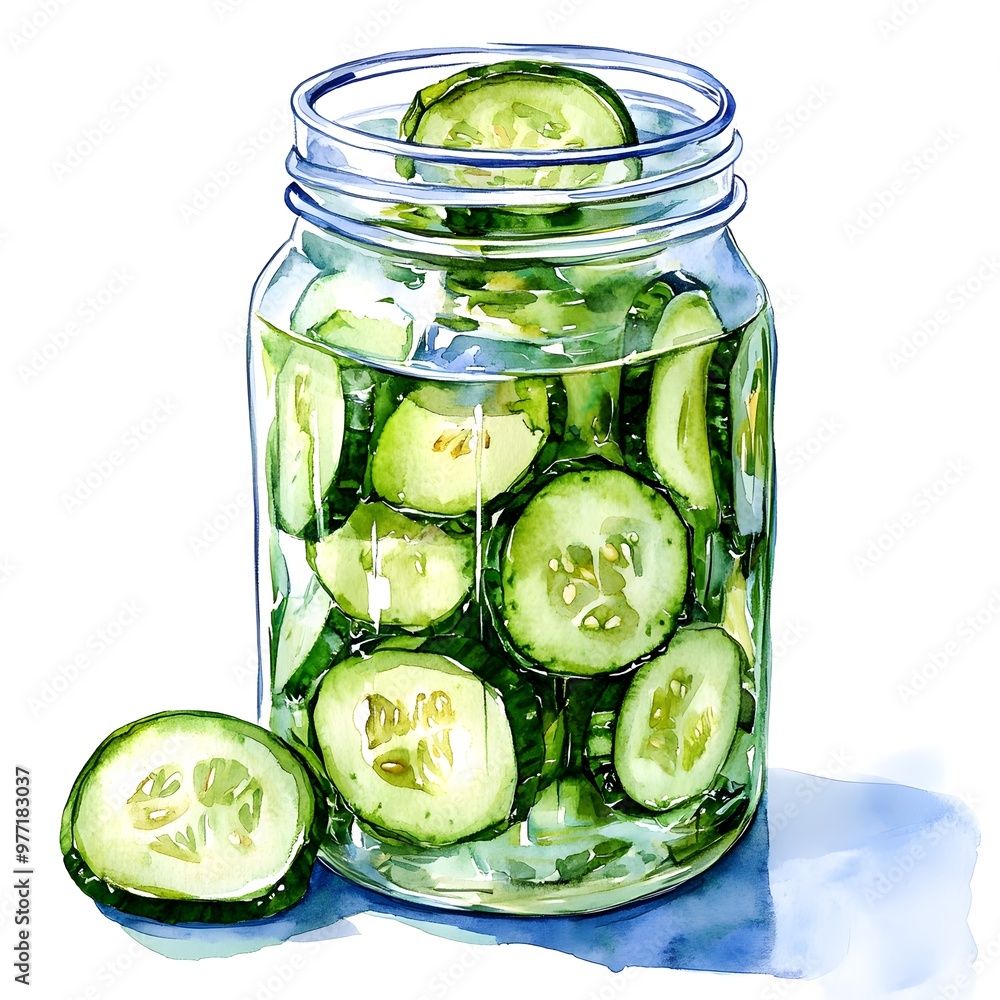 Watercolor Illustration of Cucumber Slices in a Glass Jar Watercolor Illustration of Cucumber Slices in a Glass Jar