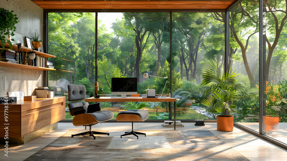 Fototapeta premium Modern home office setup with ergonomic chair and sleek desk large windows offer a panoramic view of a lush garden blending indoor workspace with natural surroundings
