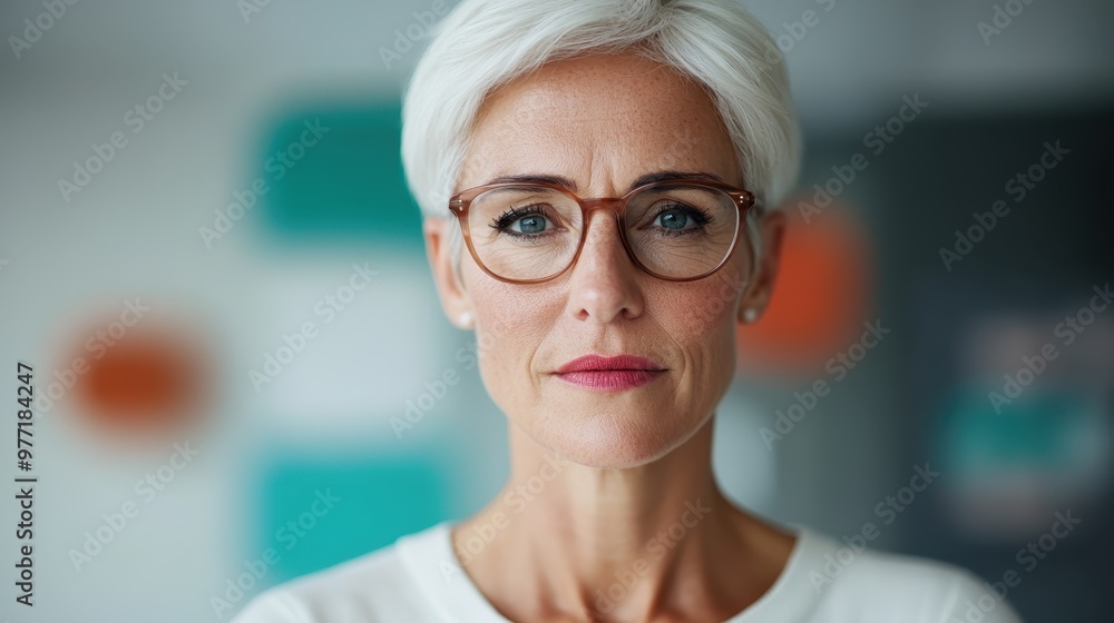 Portrait of a confident mature woman with short white hair and glasses, standing against a blurred colorful background, exuding warmth and intelligence. Portrait of a confident mature woman with short white hair and glasses, standing against a blurred colorful background, exuding warmth and intelligence.