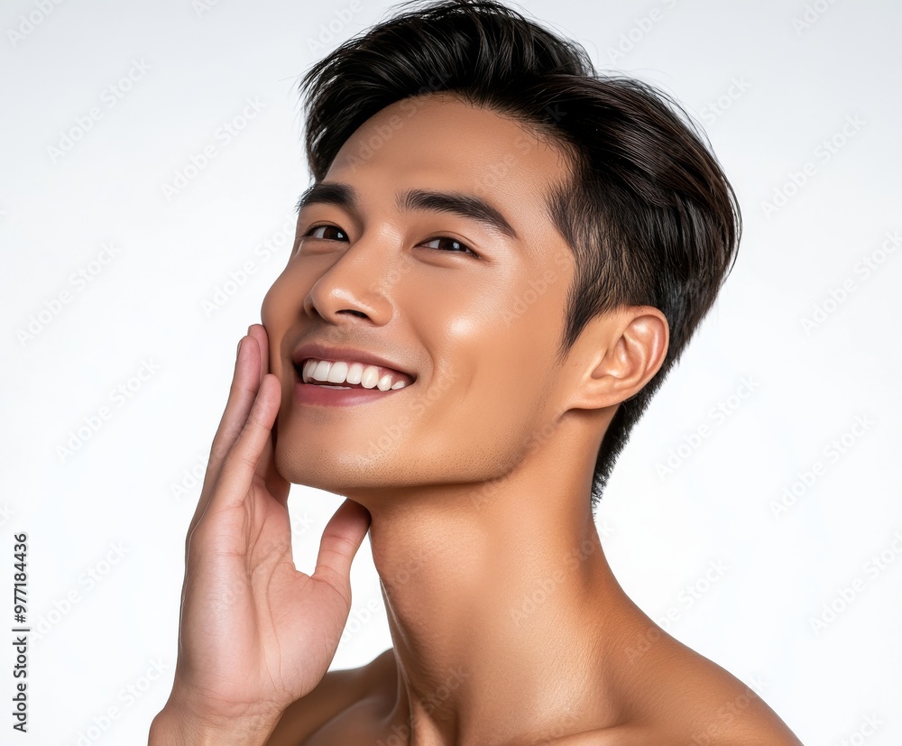 Asian man is lightly smiling happily and lightly looking up into the sky Asian man is lightly smiling happily and lightly looking up into the sky