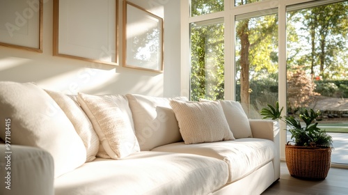 A bright living room featuring a large white couch, soft pillows, three framed pictures, large windows, and a basket with a plant, creating a cozy atmosphere.