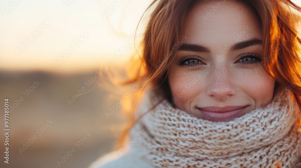 A smiling woman draped in a soft, warm scarf enjoys the tranquility of a golden sunset, reflecting happiness and peacefulness with vibrant colors in the background. A smiling woman draped in a soft, warm scarf enjoys the tranquility of a golden sunset, reflecting happiness and peacefulness with vibrant colors in the background.