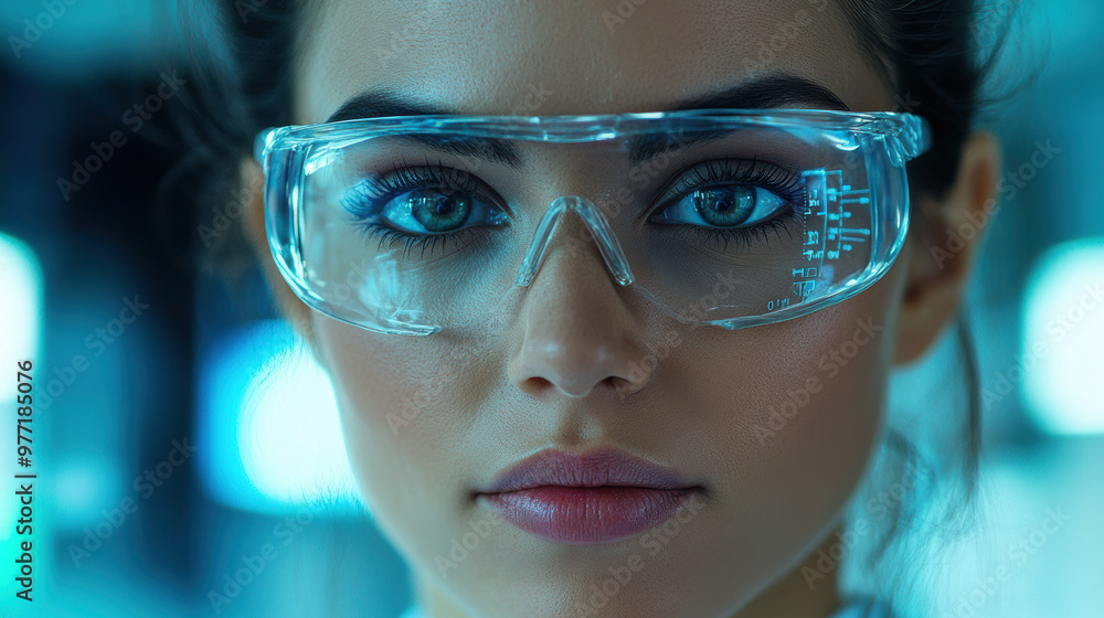Close-up portrait of a young woman wearing safety glasses in a lab environment, highlighting focus and scientific dedication. Close-up portrait of a young woman wearing safety glasses in a lab environment, highlighting focus and scientific dedication.