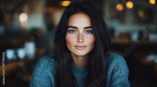 Wallpaper Mural A serene woman with dark hair and freckles, wearing a cozy sweater and sitting at a wooden table in a softly lit cafe, lost in contemplation. Torontodigital.ca