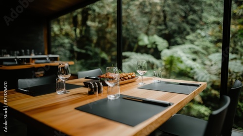 Fototapeta Naklejka Na Ścianę i Meble -  A well-decorated restaurant table with minimalist design, large windows overlooking dense greenery creating a serene and luxurious dining environment.
