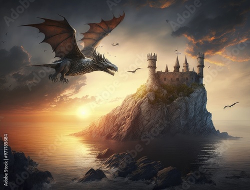 Medieval castle sunset sea flying dragon photo