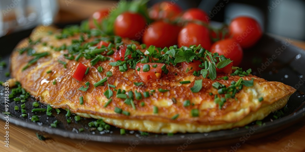 A freshly cooked omelet garnished with chives and tomatoes sits on a pan, showcasing a delicious and nutritious breakfast option that is both healthy and visually appealing A freshly cooked omelet garnished with chives and tomatoes sits on a pan, showcasing a delicious and nutritious breakfast option that is both healthy and visually appealing