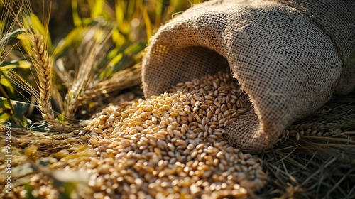 A burlap sack spills grains of wheat onto a field, symbolizing agriculture and harvest.