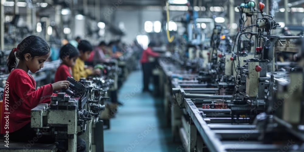 Factory Setting with Children Working at Machines Factory Setting with Children Working at Machines