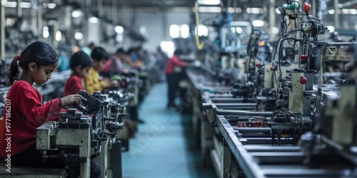 Factory Setting with Children Working at Machines