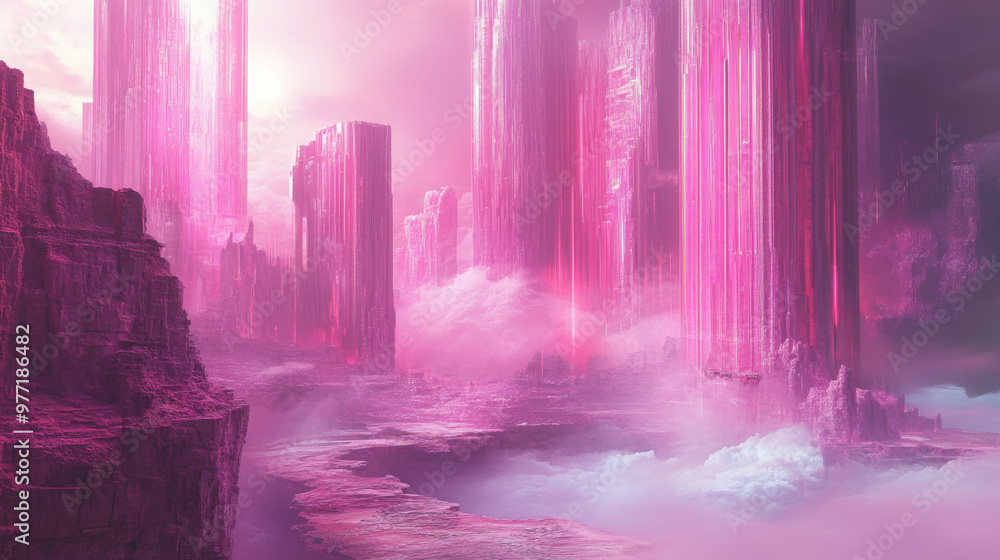 Pink fantasy science fiction city. Digital painting. Fictional abstract realm. Futuristic concept art. Colorful artistic landscape. Pink fantasy science fiction city. Digital painting. Fictional abstract realm. Futuristic concept art. Colorful artistic landscape.