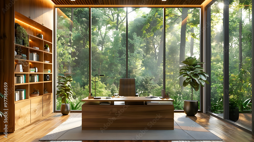 Modern home office setup with ergonomic chair and sleek desk large windows offer a panoramic view of a lush garden blending indoor workspace with natural surroundings