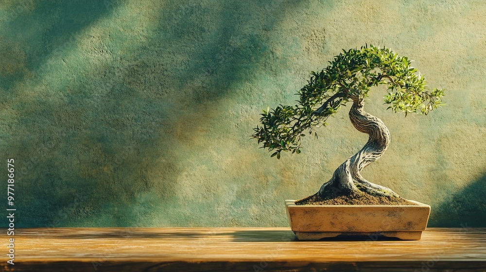 Bonsai Tree on Wooden Table with Green Wall Background Bonsai Tree on Wooden Table with Green Wall Background