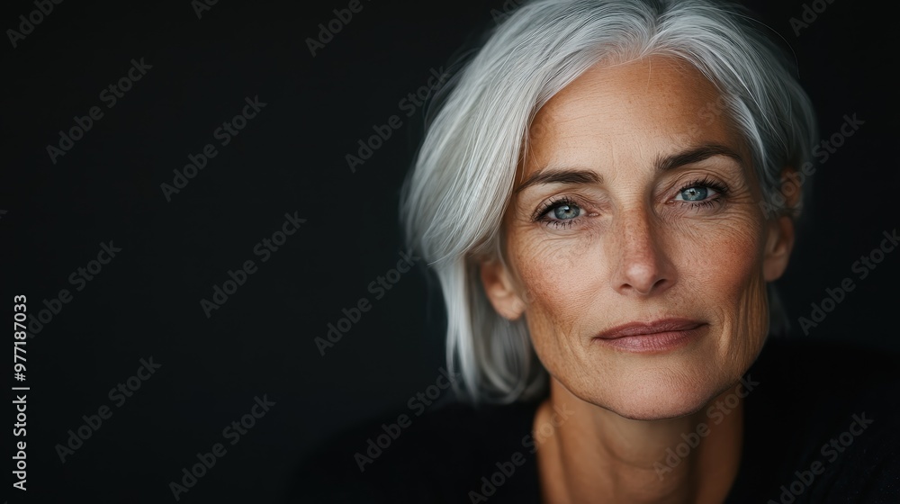 An elegant woman with silver hair poses against a dark background, her serene expression reflecting deep contemplation and timeless beauty. An elegant woman with silver hair poses against a dark background, her serene expression reflecting deep contemplation and timeless beauty.