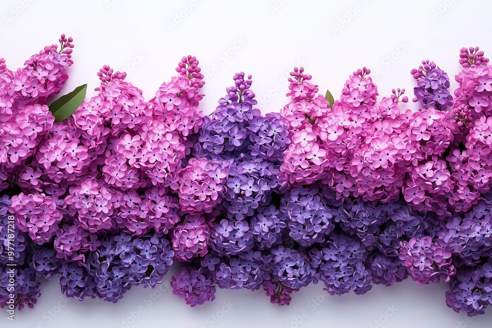 Obraz premium A bouquet of purple and pink flowers is arranged in a row. The flowers are purple and pink, and they are arranged in a way that creates a sense of harmony and balance