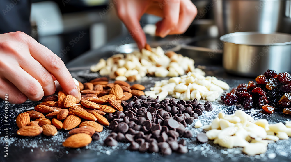 person preparing a healthy trail mix with almonds, dried fruit person preparing a healthy trail mix with almonds, dried fruit