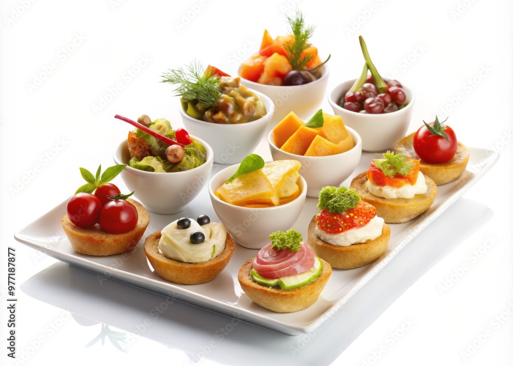 A selection of small dishes, often served as appetizers, isolated on white Background': A selection of small dishes, often served as appetizers, isolated on white Background':