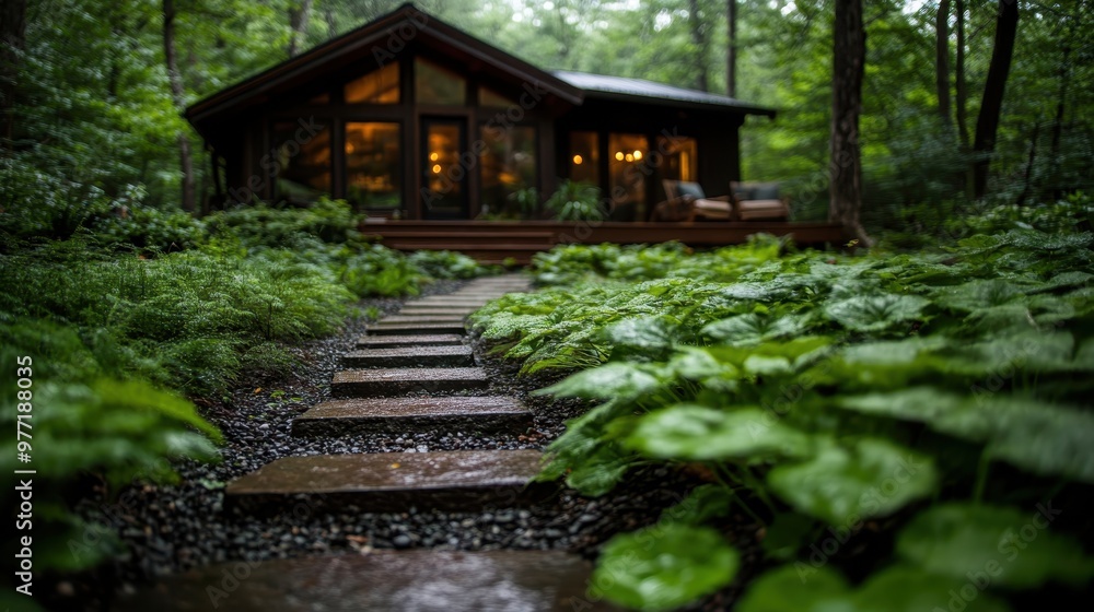 A wooden cabin with warm indoor lighting and a stone pathway leading up to it, surrounded by lush, green vegetation in a tranquil forest setting. Ideal for nature lovers. A wooden cabin with warm indoor lighting and a stone pathway leading up to it, surrounded by lush, green vegetation in a tranquil forest setting. Ideal for nature lovers.
