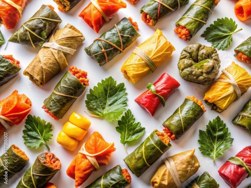 Colorful dolmades varying in size and shape, laid out in a random pattern on a pristine white background