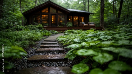 A wooden cabin with warm indoor lighting and a stone pathway leading up to it, surrounded by lush, green vegetation in a tranquil forest setting. Ideal for nature lovers.