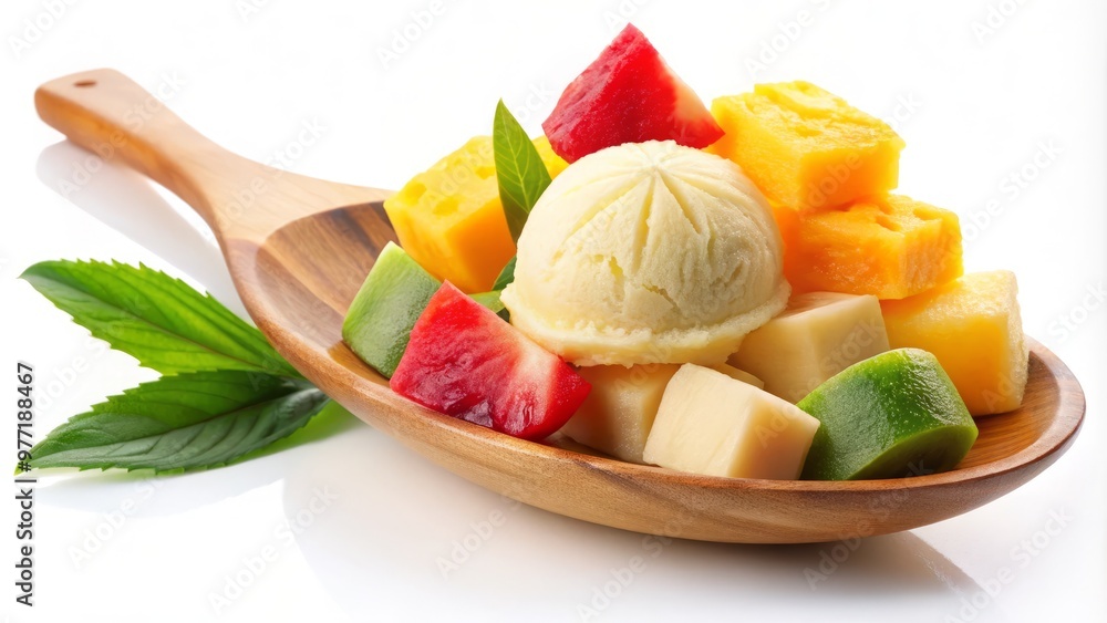 Fermented cassava dough scoop with colorful tropical fruit slices on top, isolated on white background Fermented cassava dough scoop with colorful tropical fruit slices on top, isolated on white background