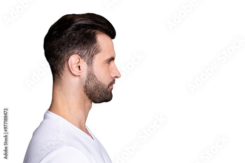 Close up side profile photo amazing he him his wondered macho perfect ideal appearance easy-going reliable person look calm not talk tell speak say wear casual white t-shirt isolated grey background