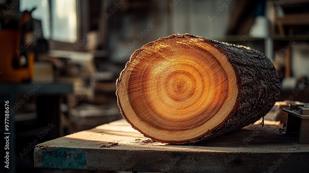 A cross-section of a log resting on a workbench, showcasing its natural patterns and textures. A cross-section of a log resting on a workbench, showcasing its natural patterns and textures.