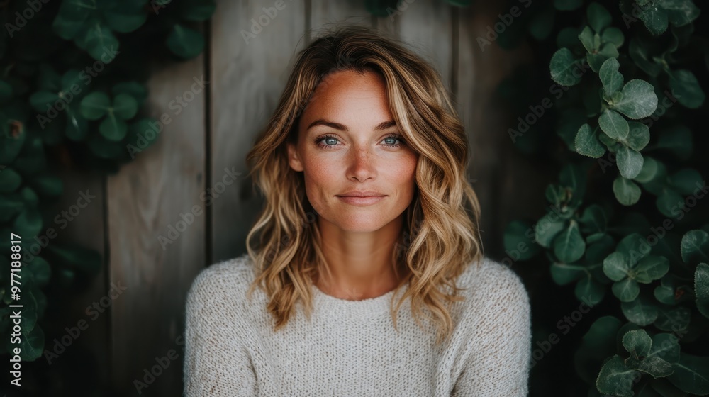 The image captures a smiling woman with curly blonde hair, set against a backdrop of lush green leaves, embodying joy and vitality in a natural setting. The image captures a smiling woman with curly blonde hair, set against a backdrop of lush green leaves, embodying joy and vitality in a natural setting.