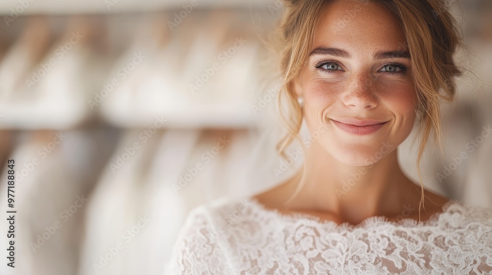 This image depicts a radiant bride with blue eyes and warm smile, wearing a beautiful lace wedding dress, embodying elegance and joy on her special day. This image depicts a radiant bride with blue eyes and warm smile, wearing a beautiful lace wedding dress, embodying elegance and joy on her special day.